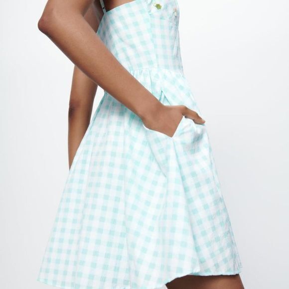 NEW ZARA GINGHAM DRESS V NECK MINI POCKETS BEADED FLOWER DETAILED SIZE XXL - Picture 3 of 7